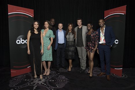 The cast and producers of ABC’s “The Rookie” at the Disney | ABC Television Summer Press Tour 2018, at The Beverly Hilton in Beverly Hills, California - Alyssa Diaz, Mercedes Mason, Richard T. Jones, Alexi Hawley, Nathan Fillion, Afton Williamson, Titus Makin Jr.