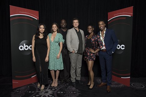 The cast and producers of ABC’s “The Rookie” at the Disney | ABC Television Summer Press Tour 2018, at The Beverly Hilton in Beverly Hills, California - Alyssa Diaz, Mercedes Mason, Richard T. Jones, Nathan Fillion, Afton Williamson, Titus Makin Jr.