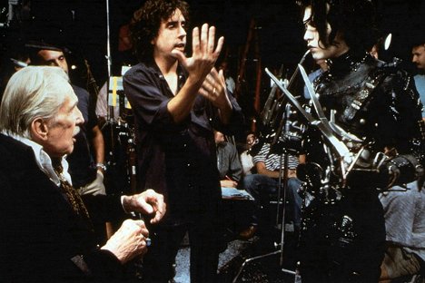 Vincent Price, Tim Burton, Johnny Depp - Edward aux mains d'argent - Tournage