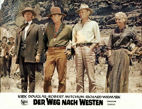Kirk Douglas, Robert Mitchum, Richard Widmark, Lola Albright - The Way West - Lobbykaarten