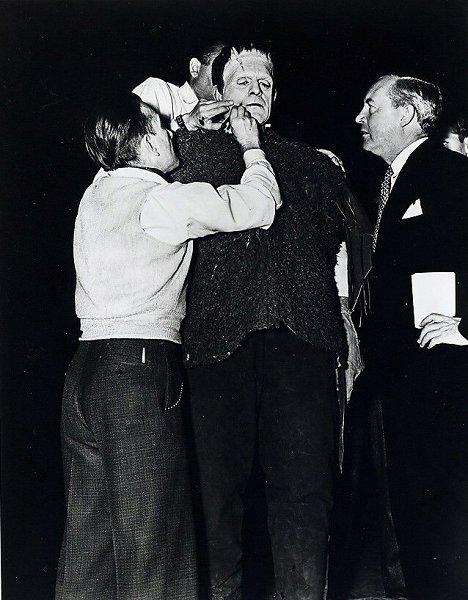 Jack P. Pierce, Boris Karloff, Rowland V. Lee - Frankenstein fia - Forgatási fotók