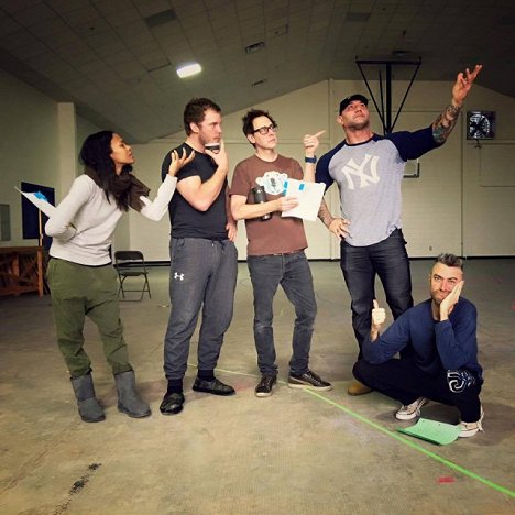 Zoe Saldana, Chris Pratt, James Gunn, Dave Bautista, Sean Gunn - Strážcovia Galaxie 2 - Z nakrúcania