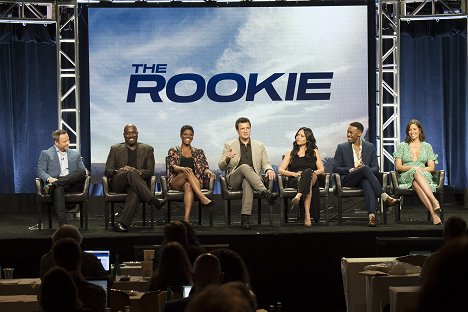 The cast and producers of ABC’s “The Rookie” at the Disney | ABC Television Summer Press Tour 2018, at The Beverly Hilton in Beverly Hills, California - Alexi Hawley, Richard T. Jones, Afton Williamson, Nathan Fillion, Alyssa Diaz, Titus Makin Jr., Mercedes Mason - Rekrut - Z imprez