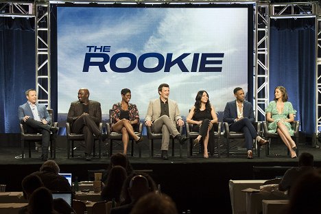 The cast and producers of ABC’s “The Rookie” at the Disney | ABC Television Summer Press Tour 2018, at The Beverly Hilton in Beverly Hills, California - Alexi Hawley, Richard T. Jones, Afton Williamson, Nathan Fillion, Alyssa Diaz, Titus Makin Jr., Mercedes Mason - The Rookie - Tapahtumista