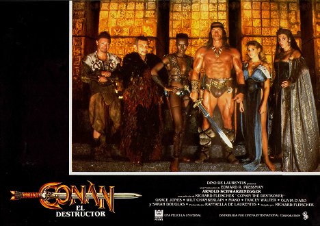 Tracey Walter, Mako, Grace Jones, Arnold Schwarzenegger, Olivia d'Abo, Sarah Douglas - Conan the Destroyer - Lobbykaarten