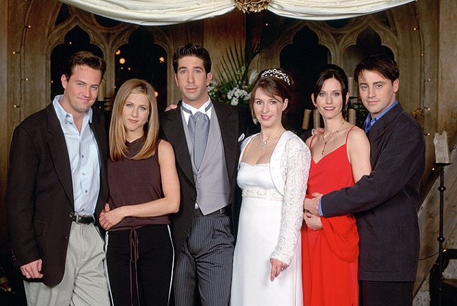 Friends - Van de set - Matthew Perry, Jennifer Aniston, David Schwimmer, Helen Baxendale, Courteney Cox, Matt LeBlanc
