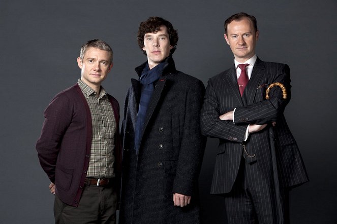 Sherlock - Werbefoto - Martin Freeman, Benedict Cumberbatch, Mark Gatiss