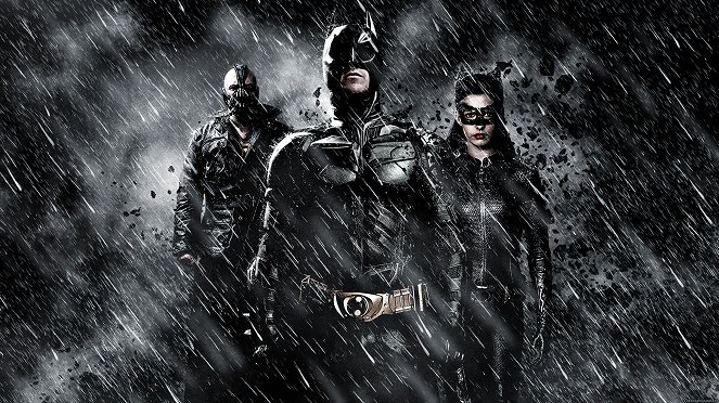 The Dark Knight Rises - Werbefoto - Tom Hardy, Christian Bale, Anne Hathaway