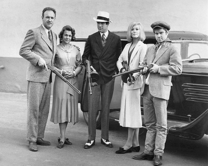 Bonnie und Clyde - Dreharbeiten - Gene Hackman, Estelle Parsons, Warren Beatty, Faye Dunaway, Michael J. Pollard