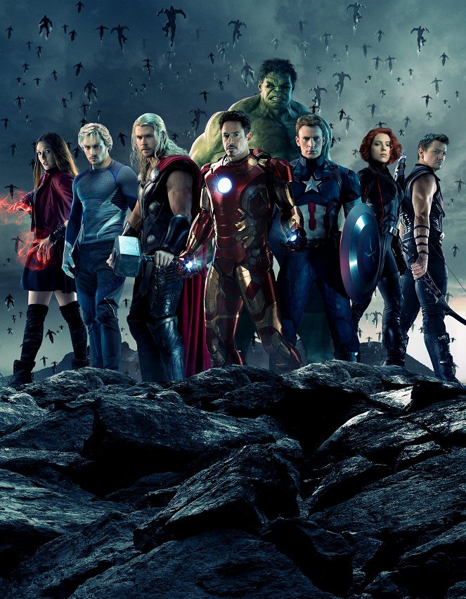 Avengers 2: Age of Ultron - Werbefoto - Elizabeth Olsen, Aaron Taylor-Johnson, Chris Hemsworth, Robert Downey Jr., Chris Evans, Scarlett Johansson, Jeremy Renner