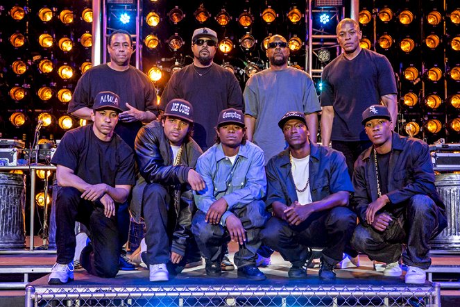 Straight Outta Compton - Promo - Neil Brown Jr., DJ Yella, O'Shea Jackson Jr., Ice Cube, Jason Mitchell, MC Ren, Aldis Hodge, Dr. Dre, Corey Hawkins