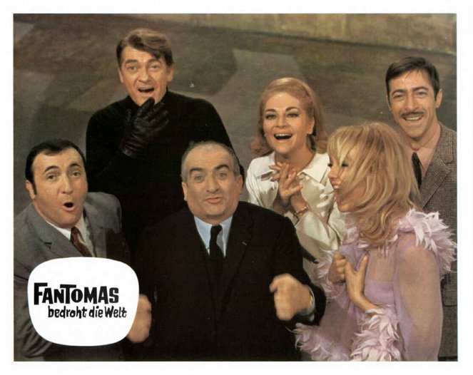 Fantomas bedroht die Welt - Lobbykarten - Jacques Dynam, Jean Marais, Louis de Funès, Françoise Christophe, Mylène Demongeot, André Dumas