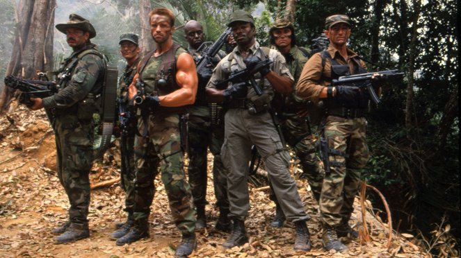 Predator - Jägaren - Promokuvat - Jesse Ventura, Shane Black, Arnold Schwarzenegger, Bill Duke, Carl Weathers, Sonny Landham, Richard Chaves