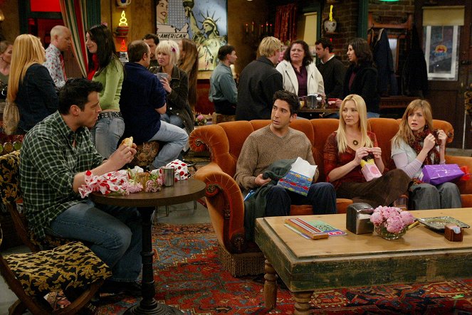 Przyjaciele - Ten, w którym Chandler zostaje nakryty - Z filmu - Matt LeBlanc, David Schwimmer, Lisa Kudrow, Jennifer Aniston