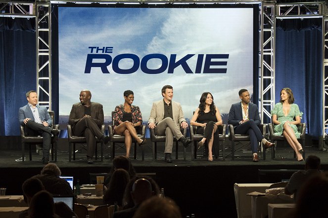 Zelenáč - Z akcí - The cast and producers of ABC’s “The Rookie” at the Disney | ABC Television Summer Press Tour 2018, at The Beverly Hilton in Beverly Hills, California - Alexi Hawley, Richard T. Jones, Afton Williamson, Nathan Fillion, Alyssa Diaz, Titus Makin Jr., Mercedes Mason