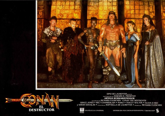 Conan Niszczyciel - Lobby karty - Tracey Walter, Mako, Grace Jones, Arnold Schwarzenegger, Olivia d'Abo, Sarah Douglas