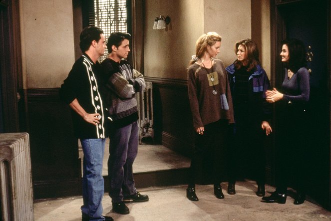 Friends - Aquele em que Underdog se Escapa - Do filme - Matthew Perry, Matt LeBlanc, Lisa Kudrow, Jennifer Aniston, Courteney Cox