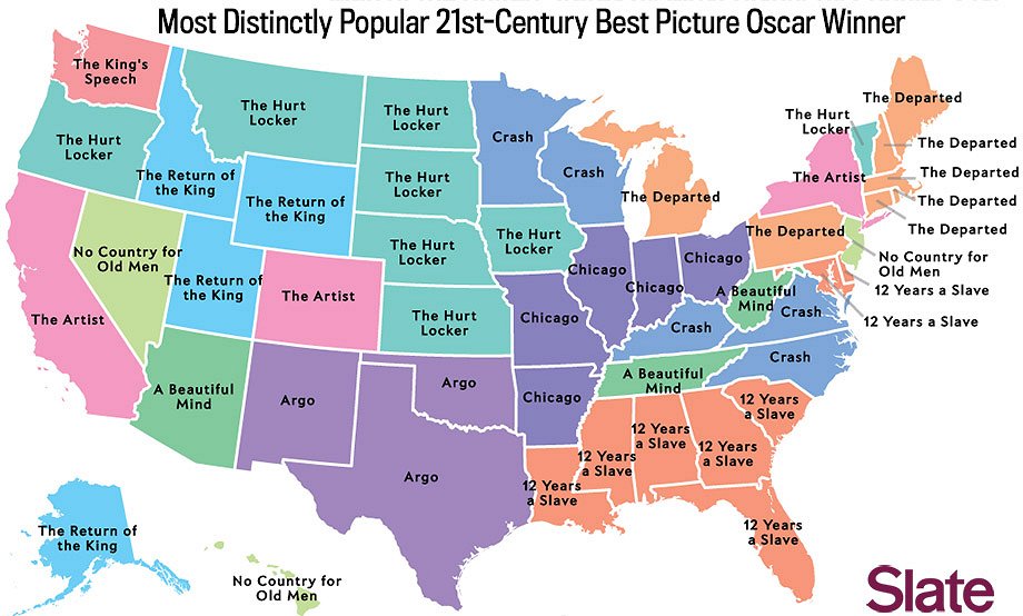 Mapa ukazující, kde v USA se natáčely nejpopulárnější filmy 21. století, které se staly držitelem OSCARA za NEJLEPŠÍ FILM: